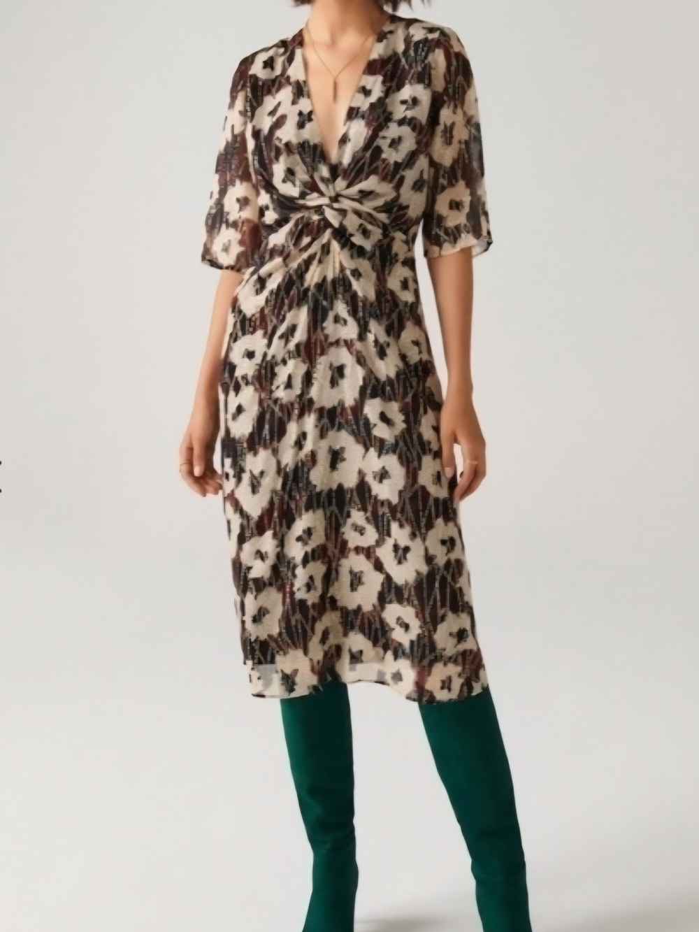 ba&sh Cream Floral Knot-Front Midi Dress with Black and Brown Print